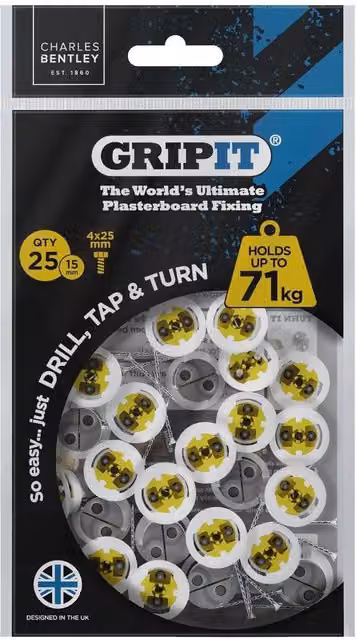 Gripit 15mm Plasterboard Cavity Wall Anchors, 25 Pack, Yellow