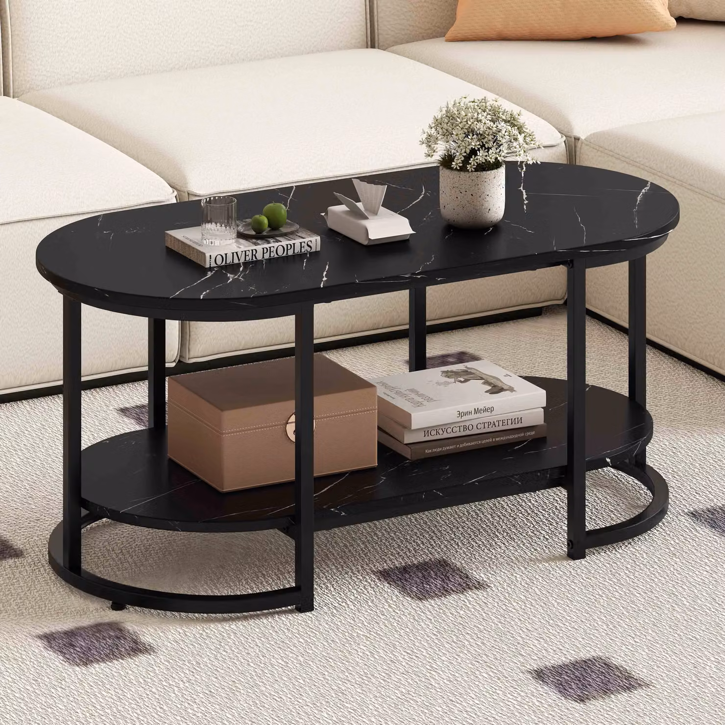 Gymax Modern 2-Tier Marble Coffee Table with Geometric Oval Shelf in Black – 3