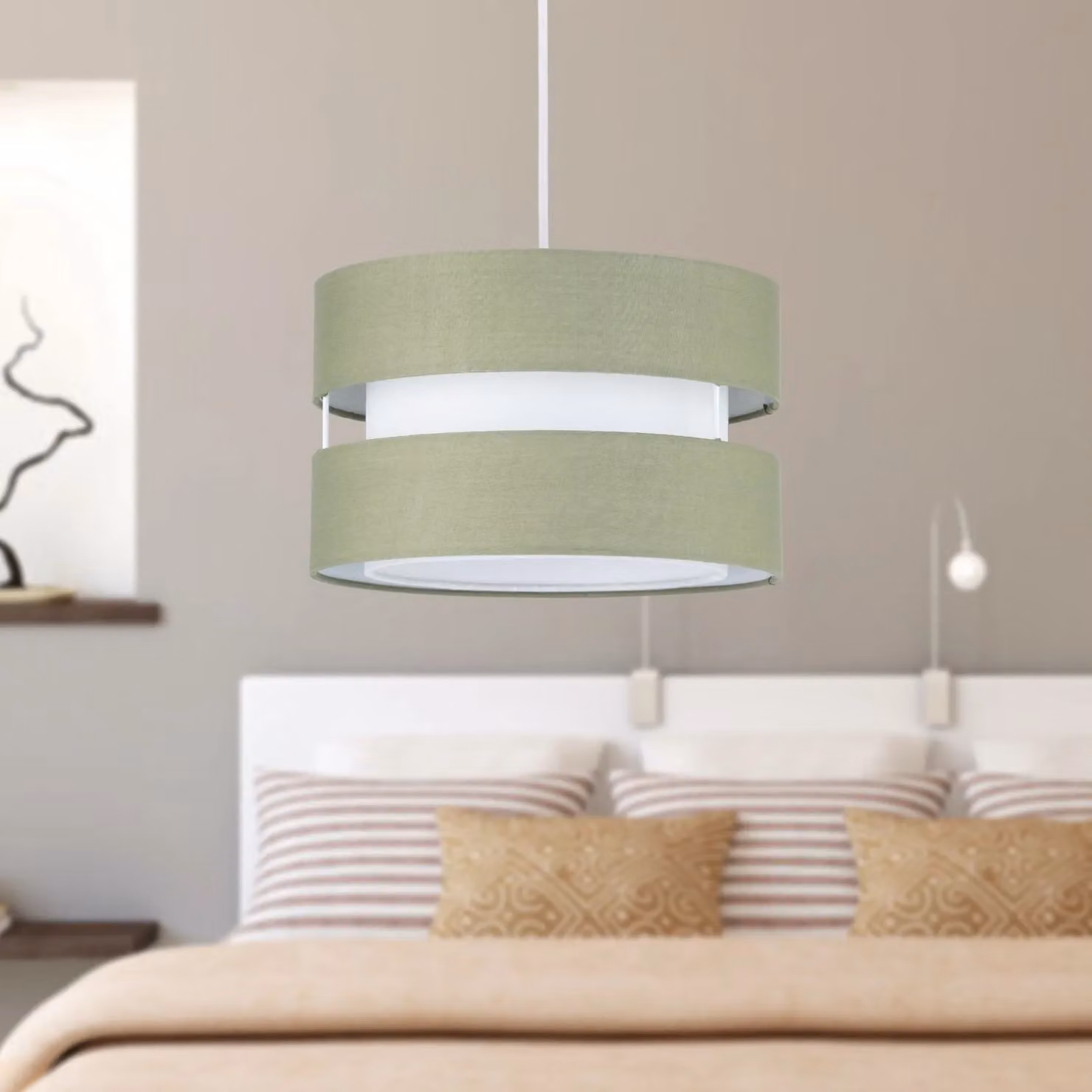First Choice Lighting Benni Green Fabric Cylinder Pendant Shade, Diameter: 26 cm – 4