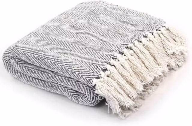 Berkfield Home Grey Cotton Herringbone Woven Throw with Fringes, W: 160 cm, L: 210 cm