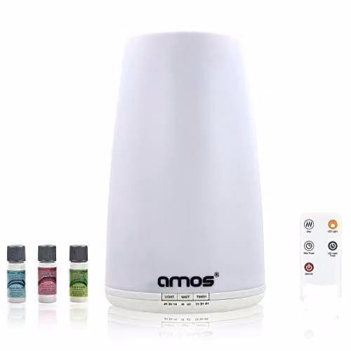 AMOS White Ultrasonic Aroma Diffuser with Remote Control, LED Light and Timer, 10 ml Capacity