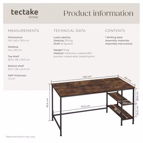 tectake Modern Computer Desk with Side Storage Shelves in Brown and Black, W/D/H: 140 x 60 x 76.5 cm – 2