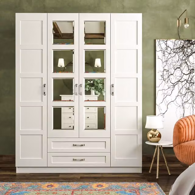 EVUHOME VISTA White Mirrored Wardrobe with 4 Doors and 2 Drawers, H: 184 cm, W: 140 cm, D: 52 cm