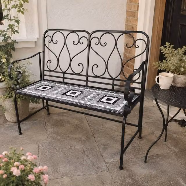 Shatchi Medina Mosaic 2 Seater Garden Bench in Multicolour Metal and Ceramic Tile, W: 112 cm, H: 96 cm, D: 47 cm – 1