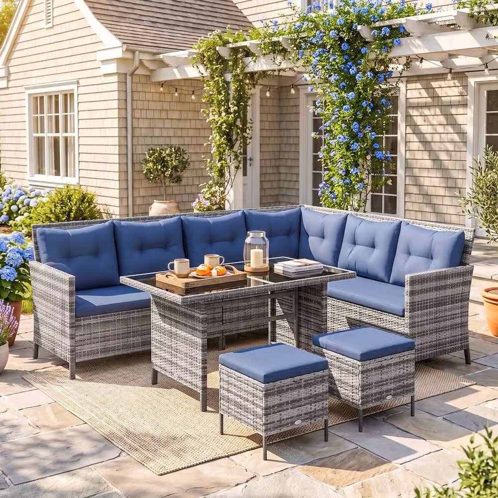 Outsunny 6 Piece L-Shape Rattan Garden Sofa Set with Blue Cushions and Glass Coffee Table – 8