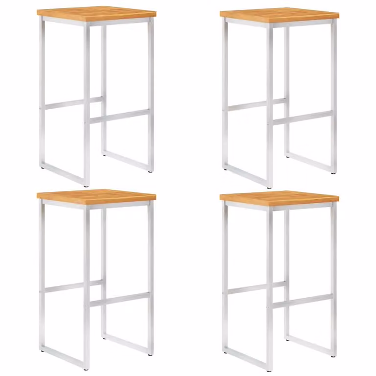 Berkfield Home Set of 4 Durable Bar Chairs in Brown Acacia Wood and Stainless Steel