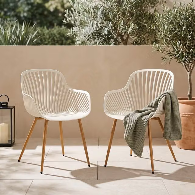 Core Products Sunray Garden Bistro Armchairs Pair with Wood Effect Legs in White