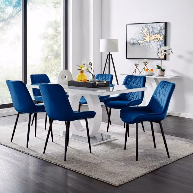FurnitureboxUK Giovani 6-Seater Grey Glass Dining Table and 6 Navy Blue Pesaro Velvet Dining Chairs W/D/H: 160 x 90 x 76 cm – 1