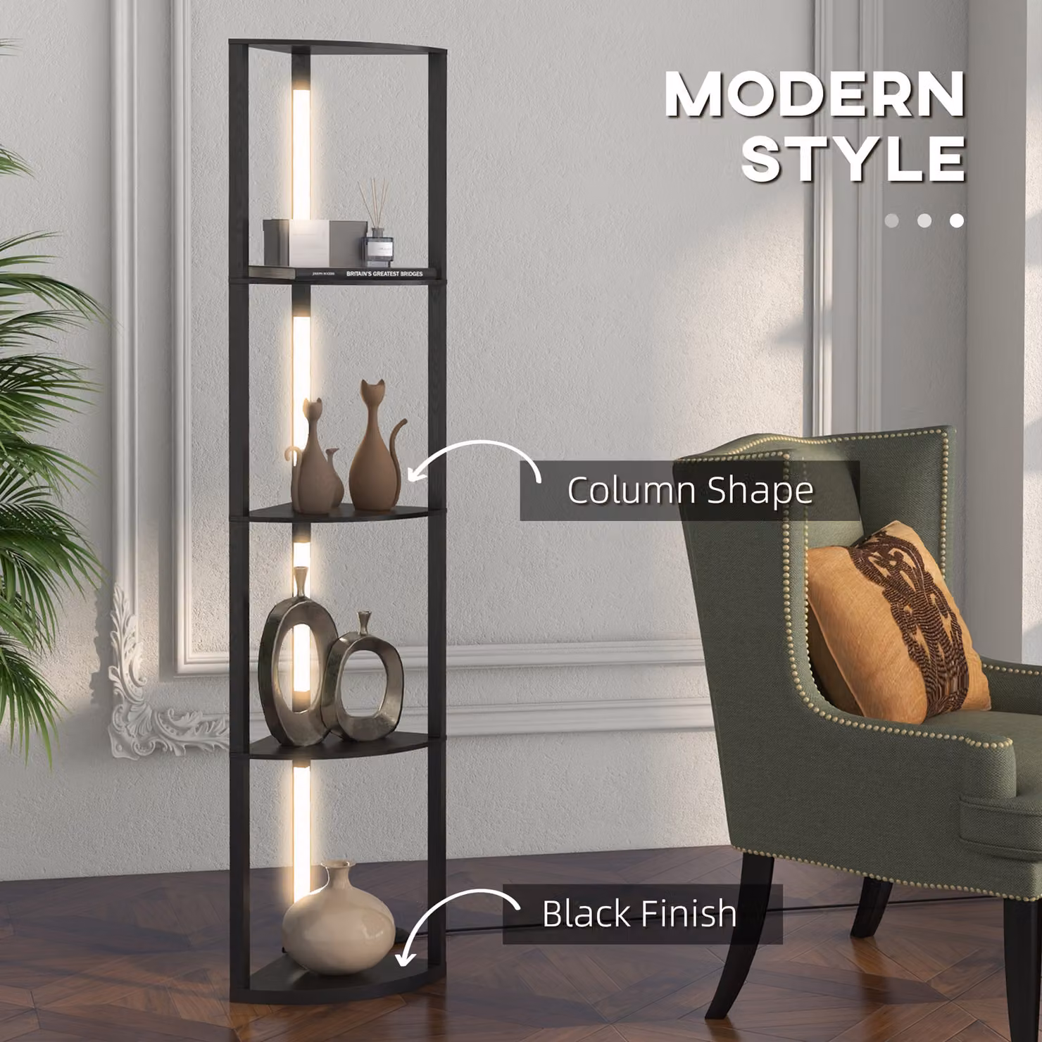 HOMCOM Modern Black Corner Floor Lamp with Dimmable Warm White LED Light for Living Room and Bedroom, H 163.5 x W 29.5 x D 29.5 cm – 4