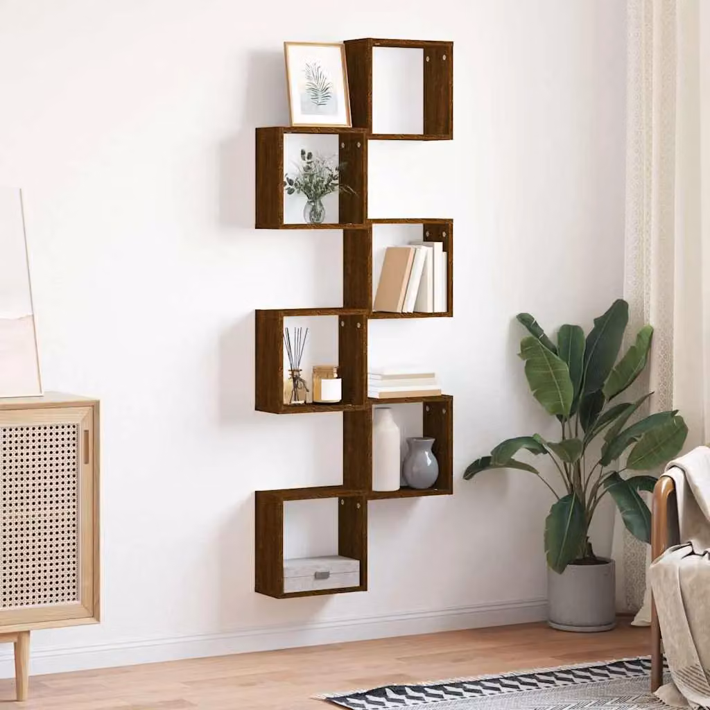 Berkfield Home Wall Mounted Cube Shelves, 6 Piece Set in Brown Oak, W/D/H: 30 x 15 x 30 cm – 3