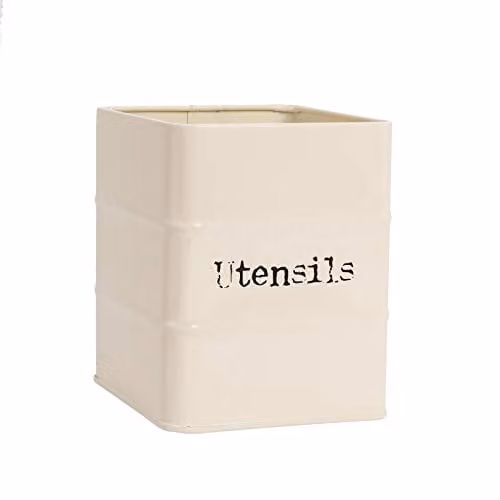 Harbour Housewares Metal Kitchen Utensil Holder in Beige and White, W/D/H: 13.5 x 11.5 x 11.5 cm