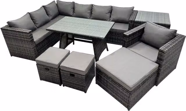 Fimous 10-Seater Outdoor PE Rattan Sofa Set with Dining Table in Dark Grey Mixed with Light Grey Rattan and Dark Grey Fabric