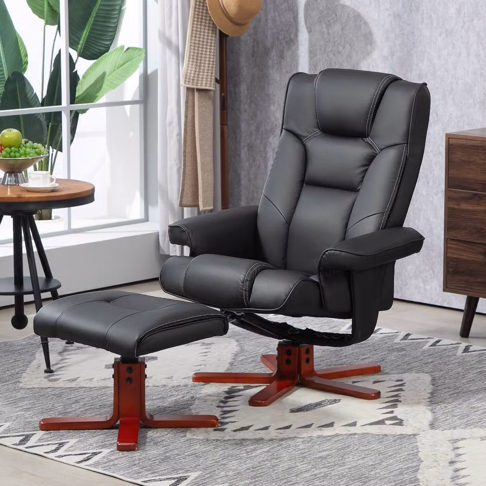 STILVORA Manual Recline Relax Recliner and Matching Footstool Set in Black Synthetic Leather – 3