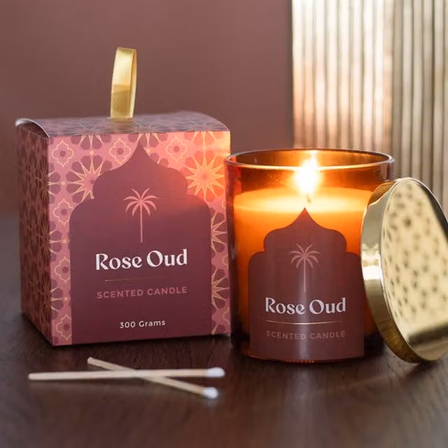 KDMK Arabian Nights Rose Oud Scented Candle in Brown and Purple Glass
