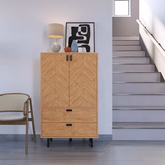 Seconique Modern Oak Brown Wood and Metal Cabinet with Hinged Doors and Drawers