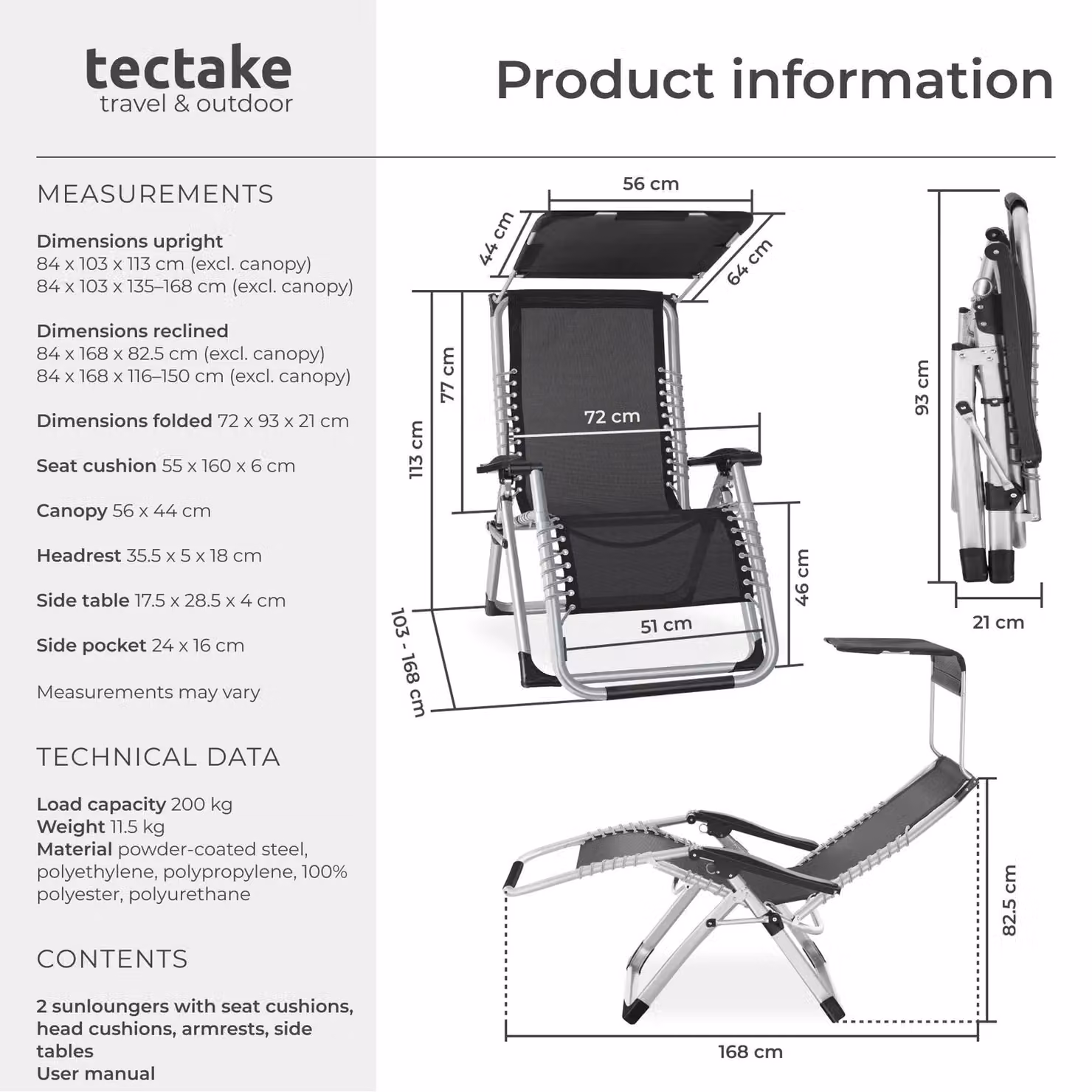 tectake Cirrus 2 Seater Sun Lounger in Black with Sun Canopy and Adjustable Headrest – 6