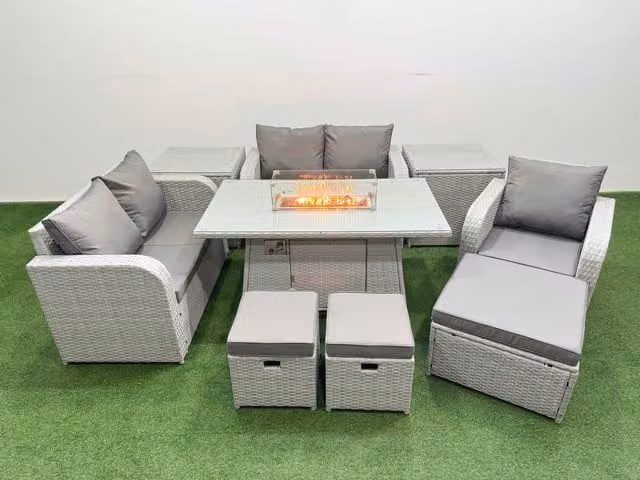 Fimous Grey Poly Rattan Garden Furniture Set with Reclining Chair, Loveseat Sofa, Firepit Dining Table, 3 Stools and 2 Side Tables
