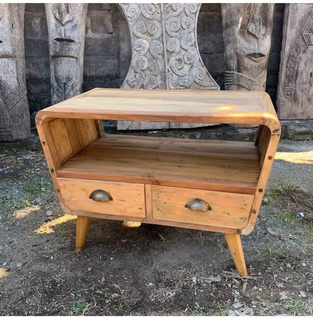KDMD Handmade Teak TV Stand with 2 Drawers in Brown Rustic Finish W/D/H: 120 x 46 x 61 cm – 1