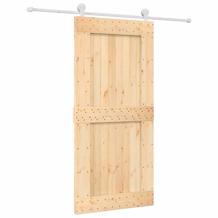 Berkfield Home Rustic Solid Wood Pine Sliding Door with Hardware Set in Brown, W: 95 cm, H: 210 cm