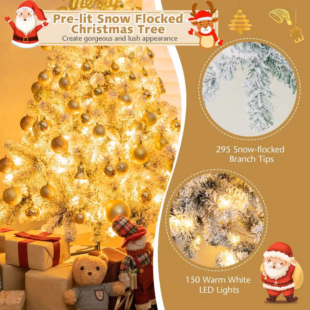 Costway 4.5ft Flocked Pre-Lit Artificial Christmas Tree in White with 150 Warm White LED Lights – 2