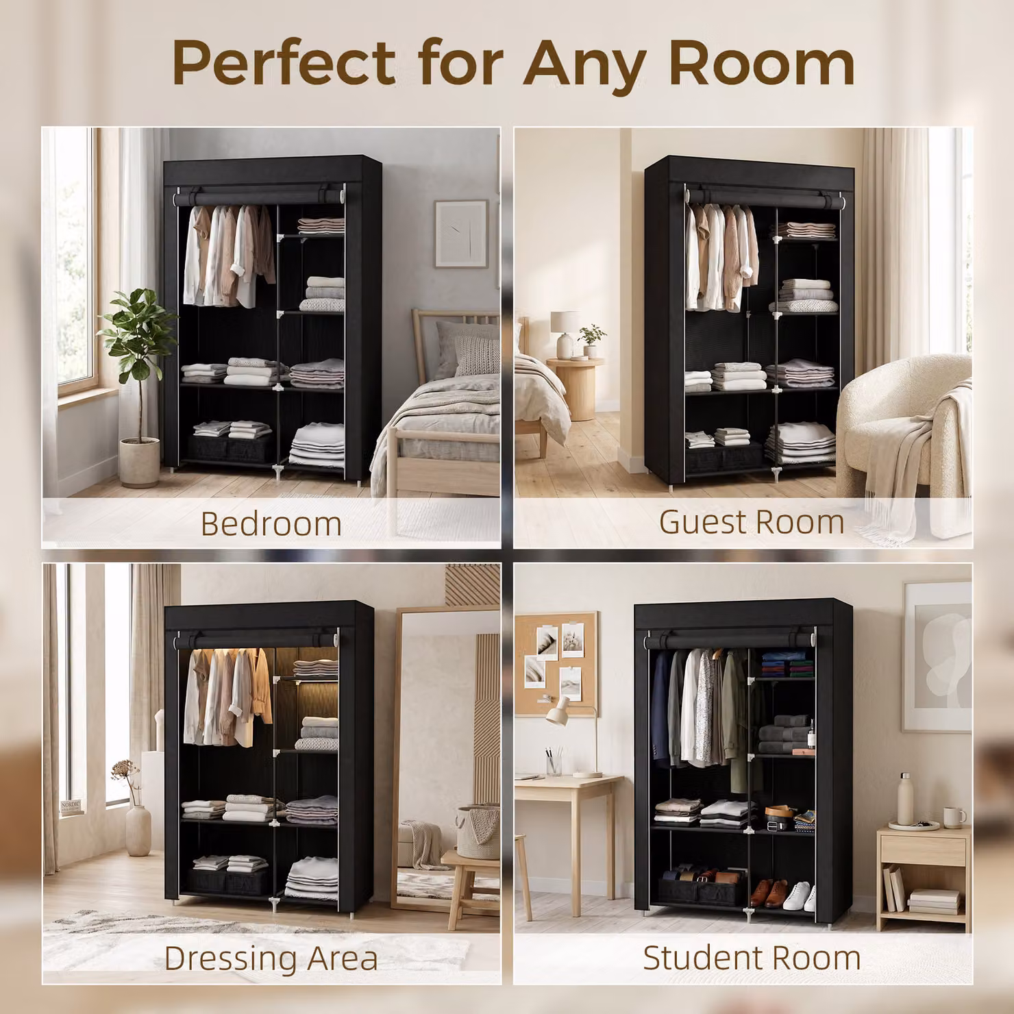 HOMCOM Black Fabric Wardrobe with Internal Shelves and Hanging Rail, W/D/H: 103 x 43 x 162.5 cm – 6