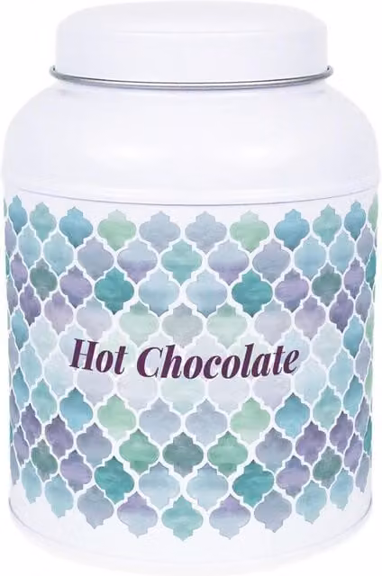 Purely Home Arabesque Tile Hot Chocolate Coffee Canister with Small Domed Lid in White and Multicolour Metal