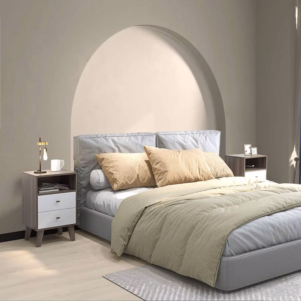 Wyld Haus Cosana Scandinavian Bedside Table with Drawers and Open Shelf in Grey and White – 3
