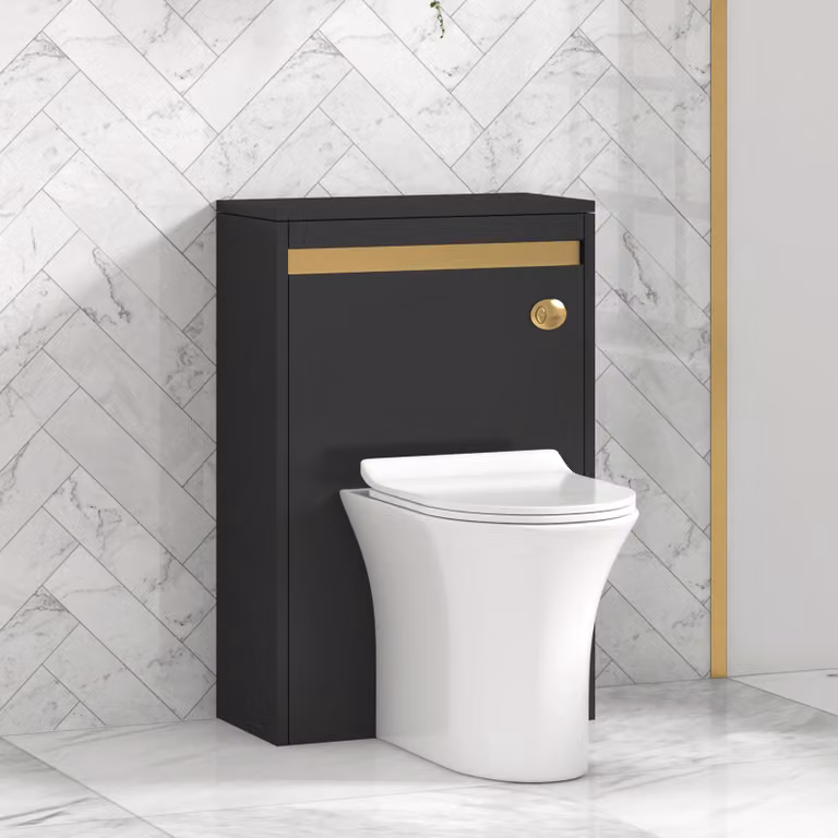 Royal Bathrooms Orion Matt Obsidian Black BTW WC Unit with Breeze Rimless Toilet Pan, Slim Seat and Cistern featuring Brushed Brass Accent Trim