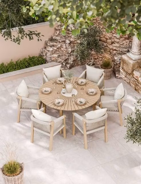 Royalcraft Roma 6 Seater Round Garden Table and Chairs Set in Brown and Beige Lacquered Acacia Wood