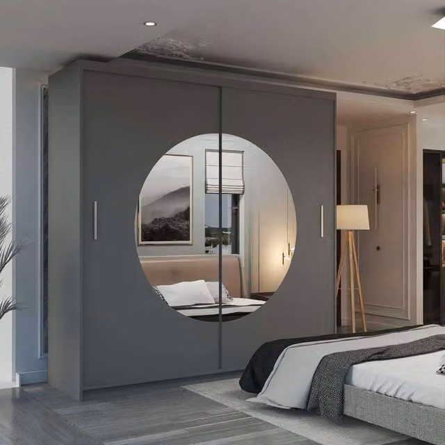 MN Furniture Milos Grey Sliding Wardrobe with Mirror and Integrated LED Lighting W: 203 cm, H: 217 cm