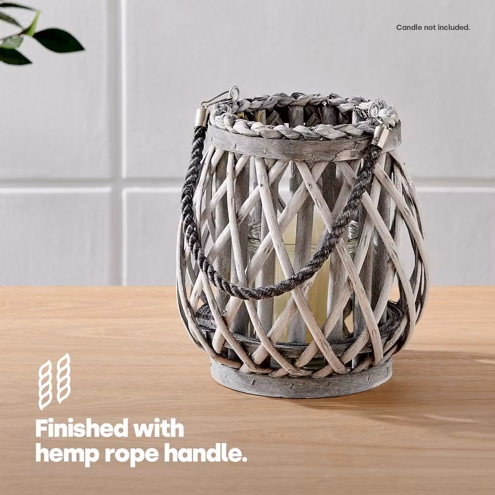 LIVIVO Set of 3 Grey Wicker Candle Lanterns with Hemp Rope and Glass for Tealights or Pillar Candles – 4