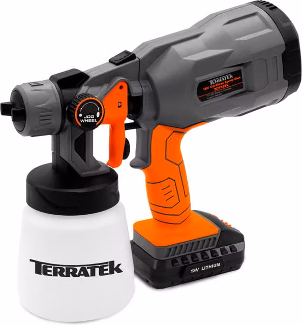 Terratek 18V Cordless Airless Electric Spray Gun for Wall Paint, Lacquer, Wood Stain and Varnish, Orange, H: 29 cm