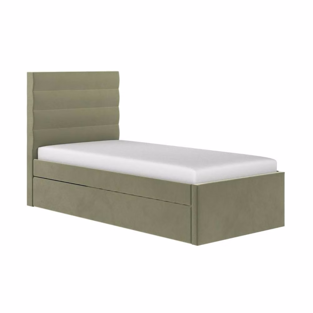Flair Ari Upholstered Single Bed with Trundle in Green Velvet and Beige Bouclé, W/D/H: 90 x 190 cm – 6