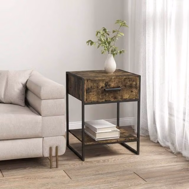 STILVORA Bedside Table with Drawer and Shelf in Rustic Brown, W/D/H: 40 x 40 x 60 cm