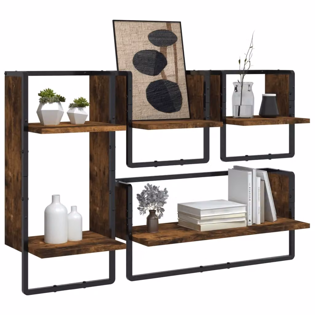 Berkfield Home 4 Piece Wall Mounted Shelf Set with Hanging Rods in Smoked Oak Brown – 3