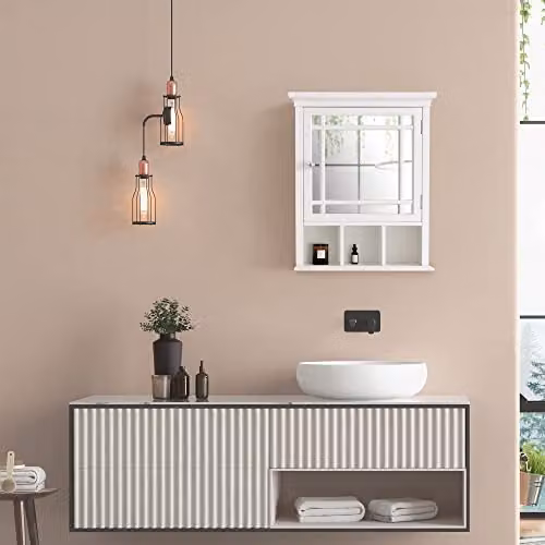 Teamson Home Neal White Wooden Bathroom Medicine Cabinet with Mirrored Hinged Doors and Internal Shelves – 2
