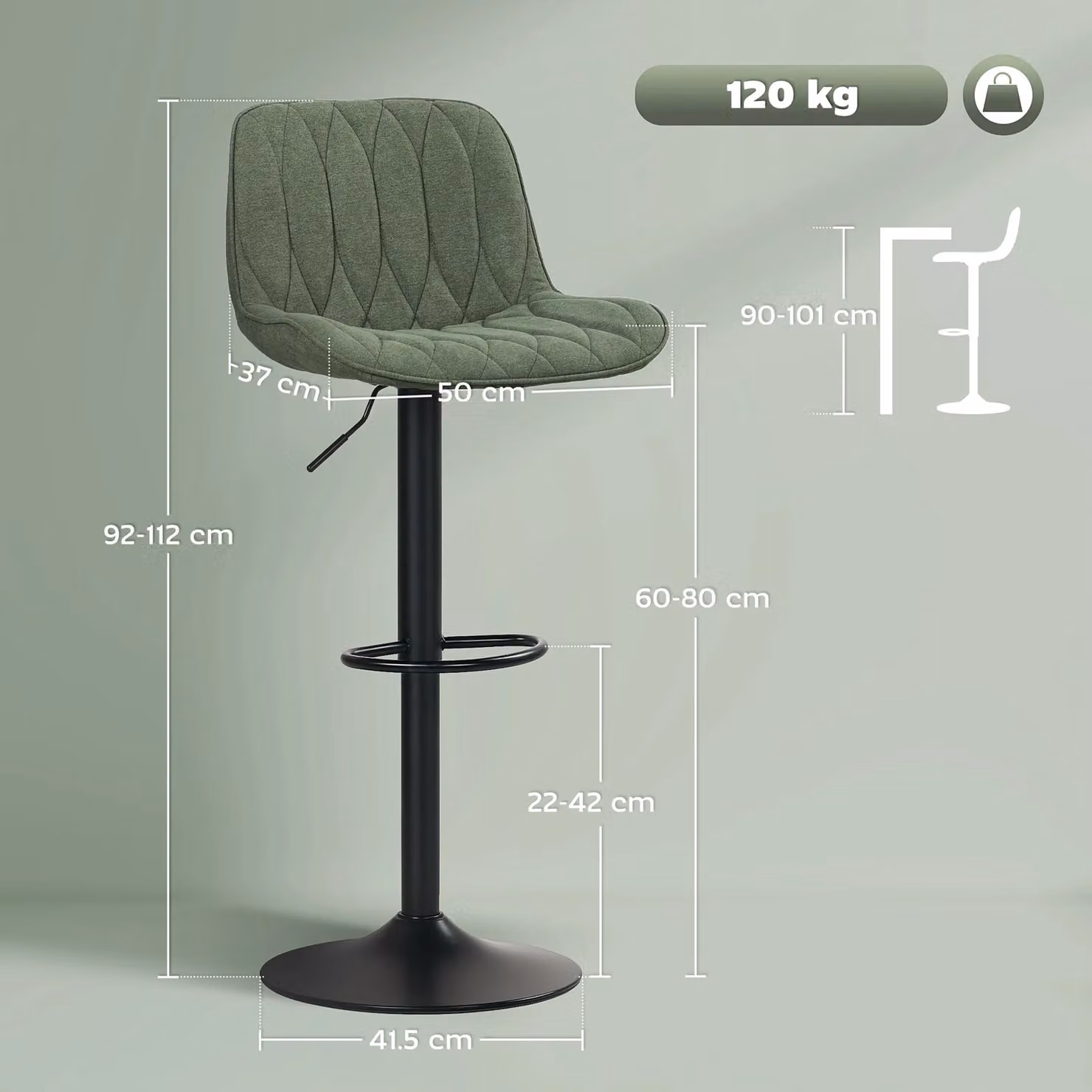 HOMCOM Set of 2 Modern Armless Bar Stools in Green with Upholstered Frame and Metal Legs – 3