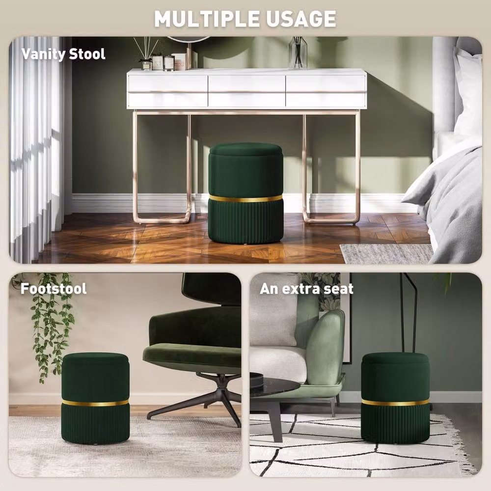 Wyld Haus Rapa Dark Green Etched Velvet Cylindrical Storage Ottoman with Gold Detail – 5
