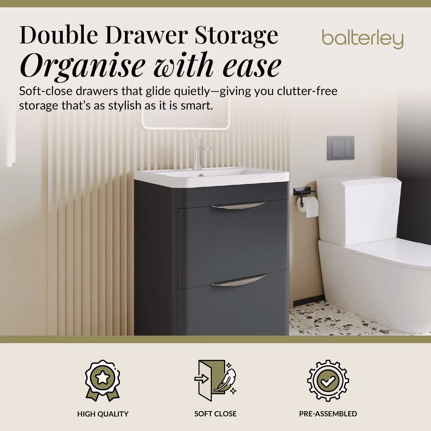 Balterley Contemporary 2 Drawer Floor Vanity Unit in Matt Grey, W: 55 cm, H: 84 cm – 2