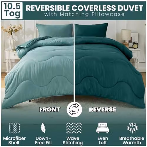 Gaveno Cavailia Coverless Microfibre Single Duvet and Pillowcase Set, 10.5 Tog, Green, W: 137 cm x L: 200 cm – 2