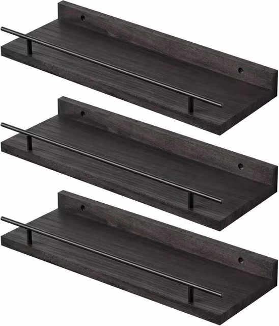 VOGREX Set of 3 Black Matt Wooden Wall Mounted Floating Storage Shelves – 1