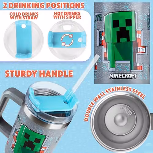 Get Trend Minecraft Insulated Bradley Travel Mug with Straw and Handle, 840ml, Grey – 4