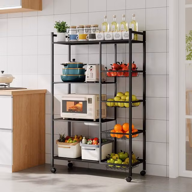 Livingandhome Mobile Metal Microwave Storage Rack in Black