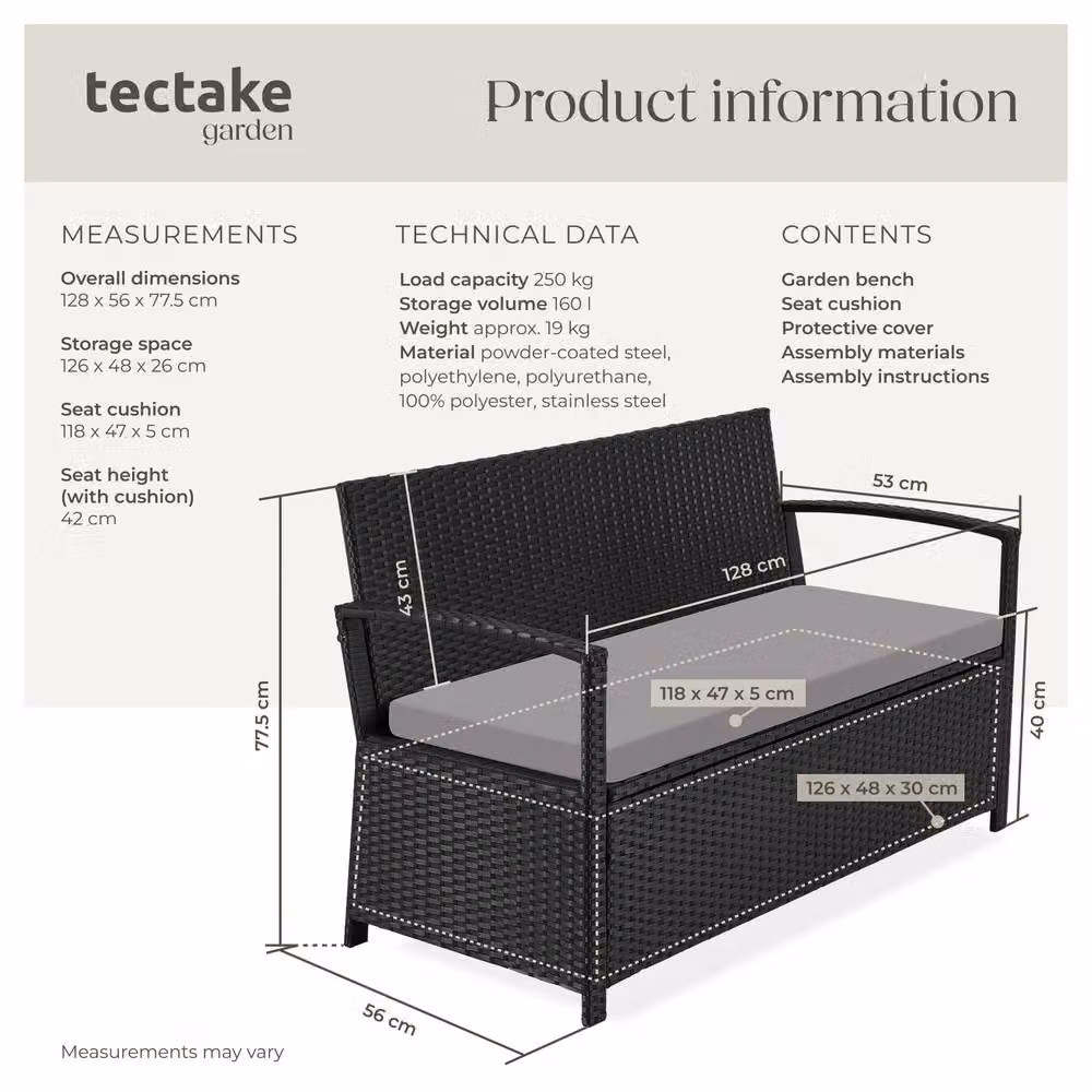 tectake Vecchia 2 Seater Rattan Garden Bench with Armrests in Black – 6