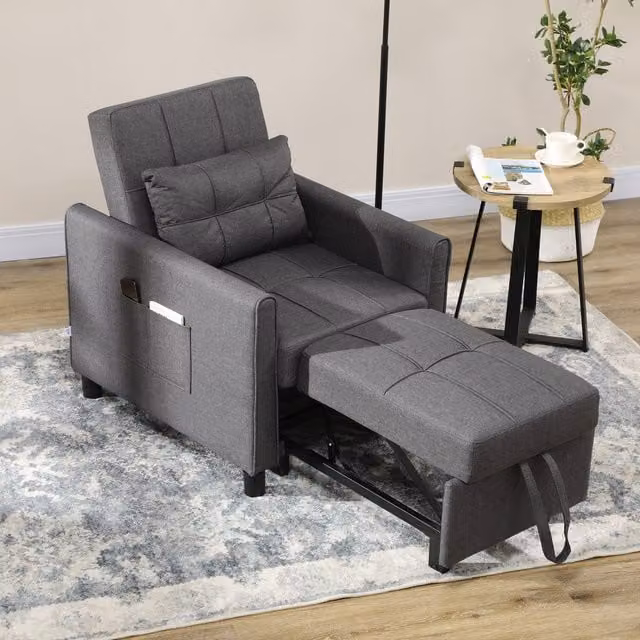 HOMCOM Grey Folding Sofa Bed with Armrests and Pocket, Adjustable Convertible Chair Bed