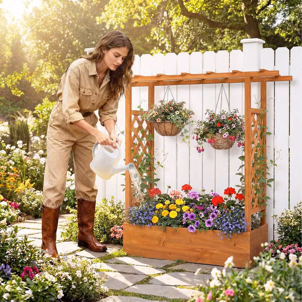 Costway Orange Wooden Raised Garden Bed with Side Trellis and Hanging Roof, Height: 114 cm – 8