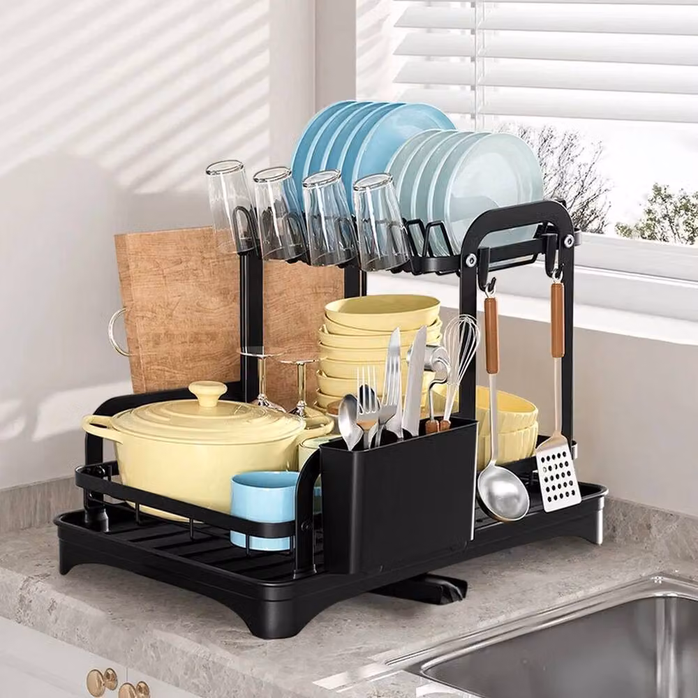 VOGREX 2-Tier Black Steel Kitchen Dish Drying Rack with Drip Tray, Cutlery Holder and Cup Holder – 2