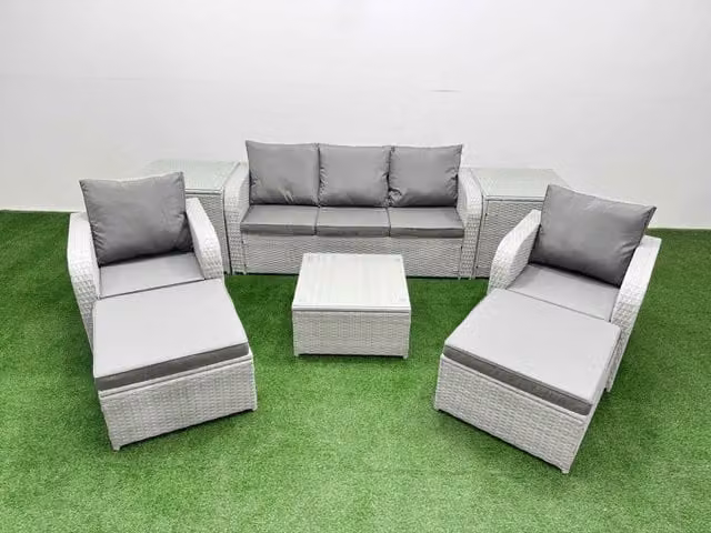 Fimous PE Rattan Garden Furniture Set in Light Grey with 3-Seater Sofa, Reclining Armchairs, Coffee Table and Ottomans