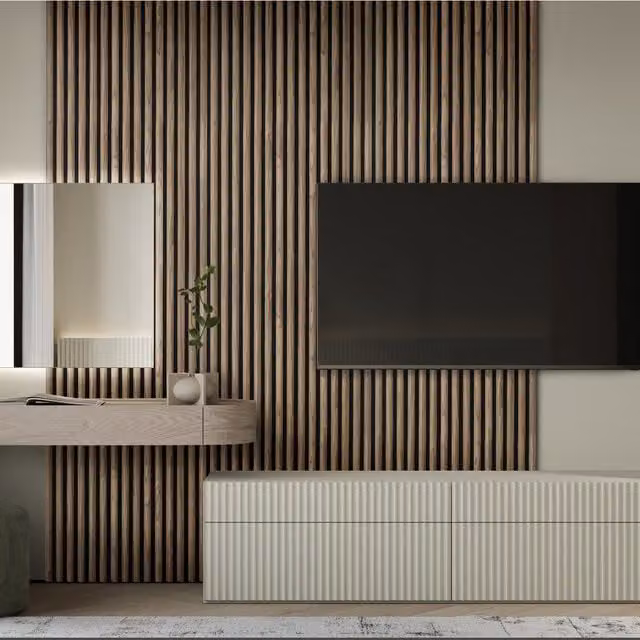 Fuse Acoustic Wooden Reeded Wall Panel in Walnut Effect, Brown, W: 0.6 m, H: 2.4 m