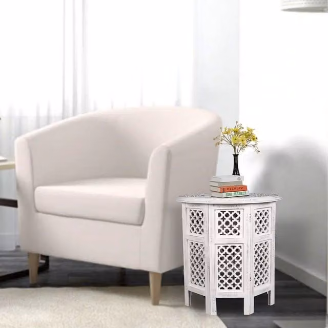 Topfurnishing Round Carved Wooden Coffee Bedside End Table in White, Diameter: 54 cm